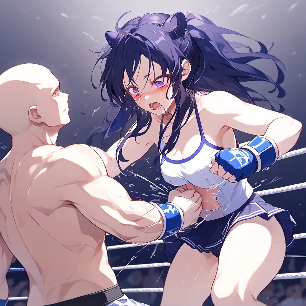 ((((1girl)))and(((1muscular man,tall stature)))),(height difference),hetero, (1muscular man:1.4),large penis,covered penis,dark-skinned muscular guy,interracial, provocation, BREAK 1girl,(curvy:1.4), long hair, drill hair,grey hair, grey eyes, large breasts, pale skin,shiny skin, (ahegao),(trembling), erectile nipples, BREAK ((she wears nurse costume)), (cum:1.4),cum in pussy,(cum on clothes:1.4), cum on breasts,cum on body,cum facial, bukkake,cum in mouth,cum on hair,(excessive cum), BREAK ((vaginal,sex)),sitting position, hug, face to face, straddle, clothed sex, intercourse with muscular man, (wrestling ring), (((masterpiece))),(((best quality))),((ultra-detailed)),(illustration),((an extremely delicate and beautiful)),(detailed background),
