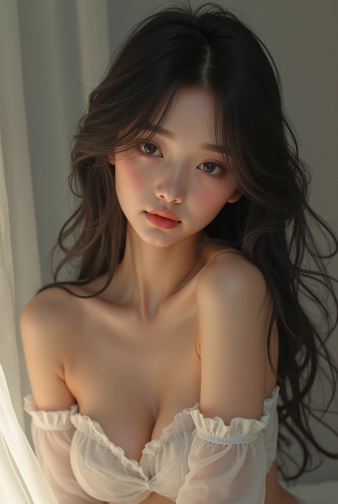 young korean woman, long hair detail, beautiful face detail, beautiful eyes, beautiful lips, big breasts, well-proportioned body, naked body see beautiful pussy