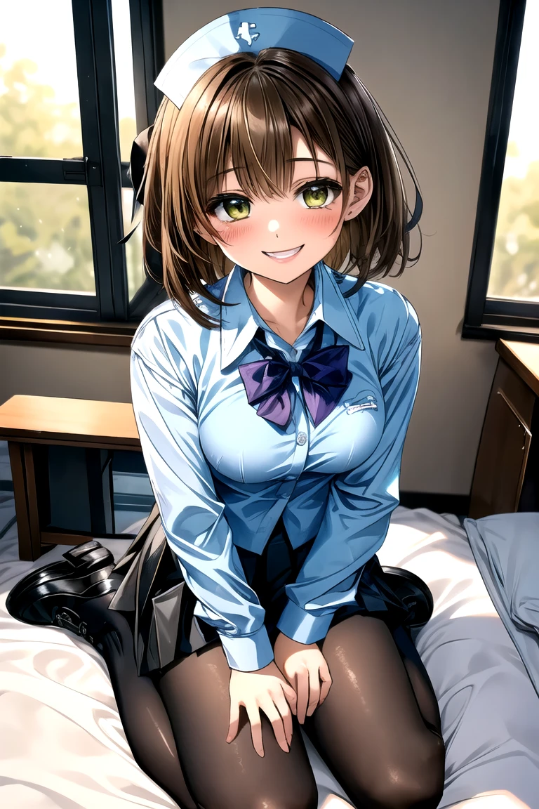 1 Female,High definition,high resolution,Ultra-realistic,8K, hmza, short hair, antenna hair, brown eyes, school uniform,( blue necktie), (yellow shirt),(black jacket), long sleeves, black skirt,tight skirt , miniskirt,European,sexy,Upper body close-up,Photographed from the front,Dynamic Angles,blush, medium tits, happy, wink the eye,facial, sweat,multicolored hair ,(wide thighs:1.4),(black panties),(show panties),(spread legs),(open panties),(show pussy),(open pussy)
