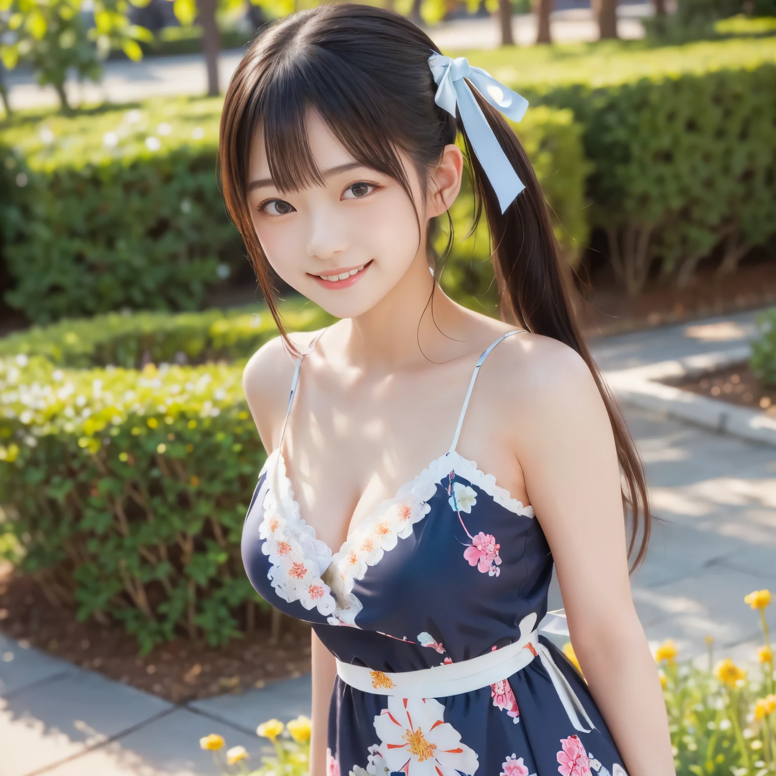 (masterpiece,best quality: 1.4),
(8k,raw photo,photo realistic:1.2),shiny skin, detailed skin,detailed face,detailed eyes,Japanese idol,beautiful face. A park with a flower garden. Blue sky. Beautiful lawn. A beautiful girl. She is a very pretty Japanese girl. (She has an e figure).She is a pretty girl. She has a short height. She has a well-defined face. She has large breasts. (She has a happy smile).(She has dark hair. She has twin-tail hair held up with a ribbon). (She is wearing a white floral camisole dress:1.3). (She stands and strikes a pretty pose:1.2).