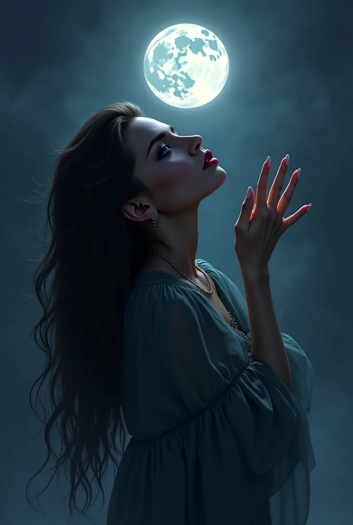 Vast background photo, high resolution, moon, night, star, cowboy shot, super detail of concept art, 38 year old beauty, singing with both eyes closed, singing passionately, cinematic, long dress, insanely detailed, sharp focus, night, vast background,