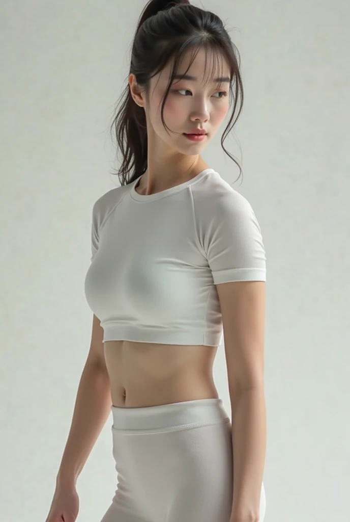 nsfw、masterpiece、Highest quality、Highest Resolution、Realistic、taken by a professional photographer、Look here、Suzu Hirose、smile、cute、Young Face、18-year-old、Skinny body、Medium breast、Small nipples、Textured white t-shirt、Gray Yoga Pants、僅かに勃起したSmall nipplesが服の下を凸する、Cameltoe、Exposing the bare skin of the lower abdomen、Exposing bare skin in the groin area、Yoga pants come off and pubic hair appears、Falling yoga pants、Endure orgasm、To endure constant sexual climaxes