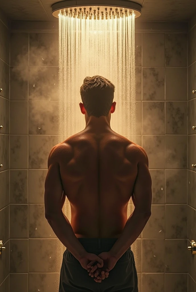 Half-naked 23 year old handsome man taking a shower in a red speedo with his hands on his head wet athletic body big buttocks big legs in a bathroom with tiles and smoke hot water high quality realism big bulge