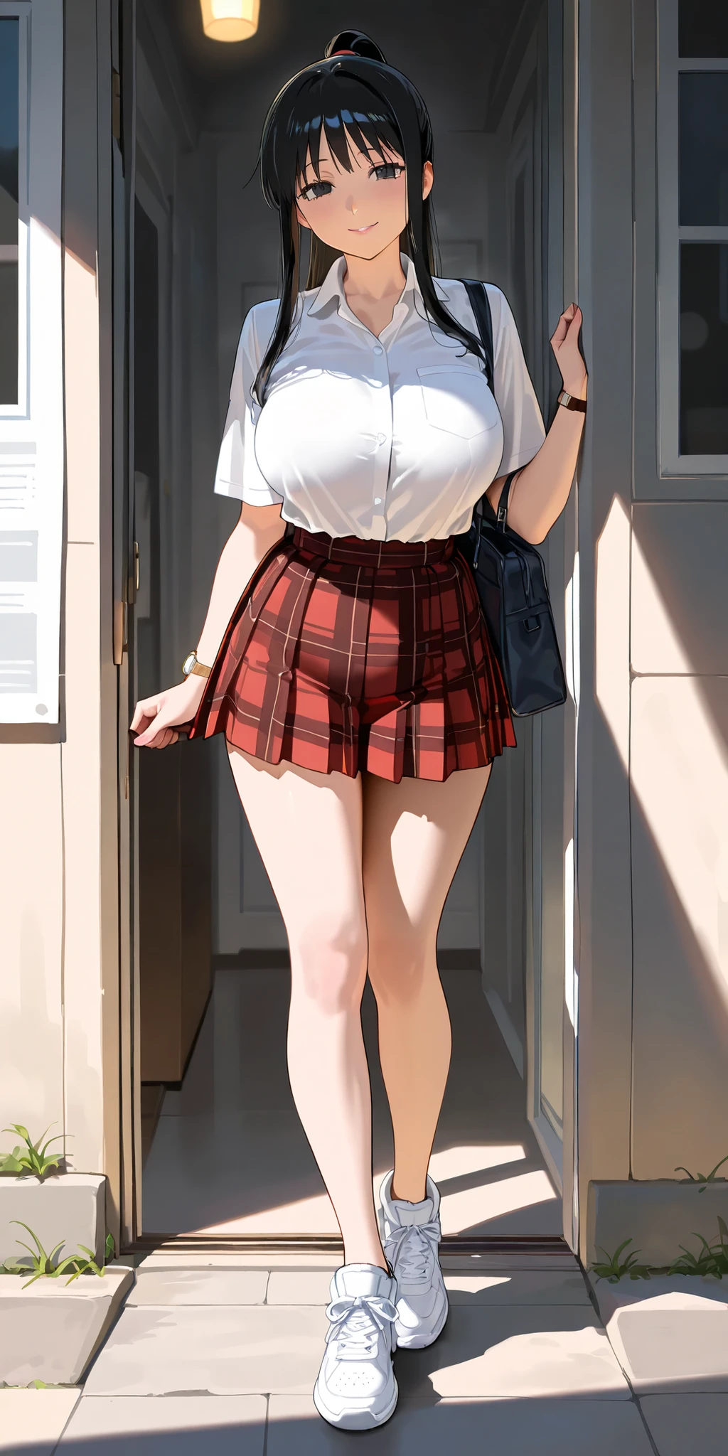 masterpiece, (photorealistic), (8k wallpaper) , (best quality), perfect quality, solo, (detailed eyes:0.9), girl, red short curvy hair, very young, face : (very young, European, very beautiful face, plump face, young). figure : (very full figure, curvy, extra thick, very thicc, navel, very soft, very thick, big breasts, sexy, sexy pose, fat thighs). clothes: (tight red lingerie, black tight miniskirt, skirt is too short, school uniform, red tights).