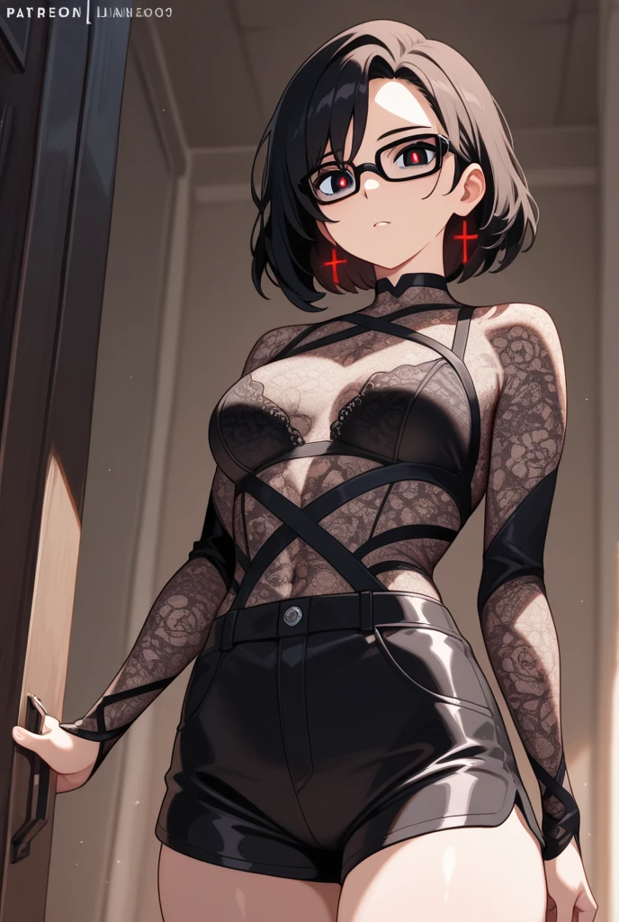 See-through sexy lace suit、Glasses、short hair 、