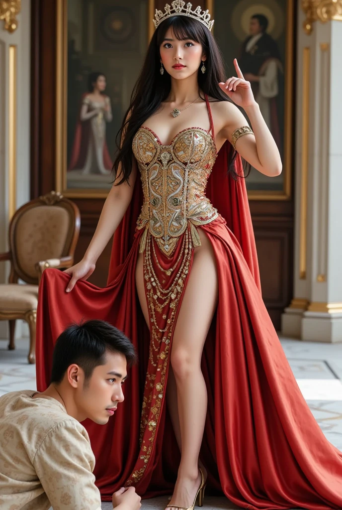 (couple cuddling) rough man Zeus muscular naked, beautiful, sexy, big breasts, cleavage, bare legs, see-through, standing, hanfu, wet, clear, realistic, highest detail, Chinese mythology, dragon pattern, phoenix, sacred, holy, golden mountains, heavenly palace, countless palaces, clouds, golden light