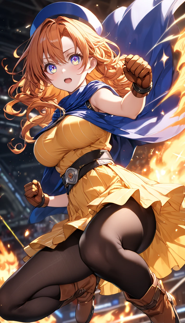 1 girl、High resolution、masterpiece、(Arena - DQ4、DQ4-Arena、Orange Hair)、smile、Squat with your legs together、Leaning forward、thin、Muscular、thin太もも、、Outdoor、grassland、Grass grows、Navy blue hat、Cape、Yellow Mini Dress、boots、(((Sexual black panties with detailed decorations)))、Attack with kicks、Attacking with the foot、shot of her from below、white tights with detailed decorations