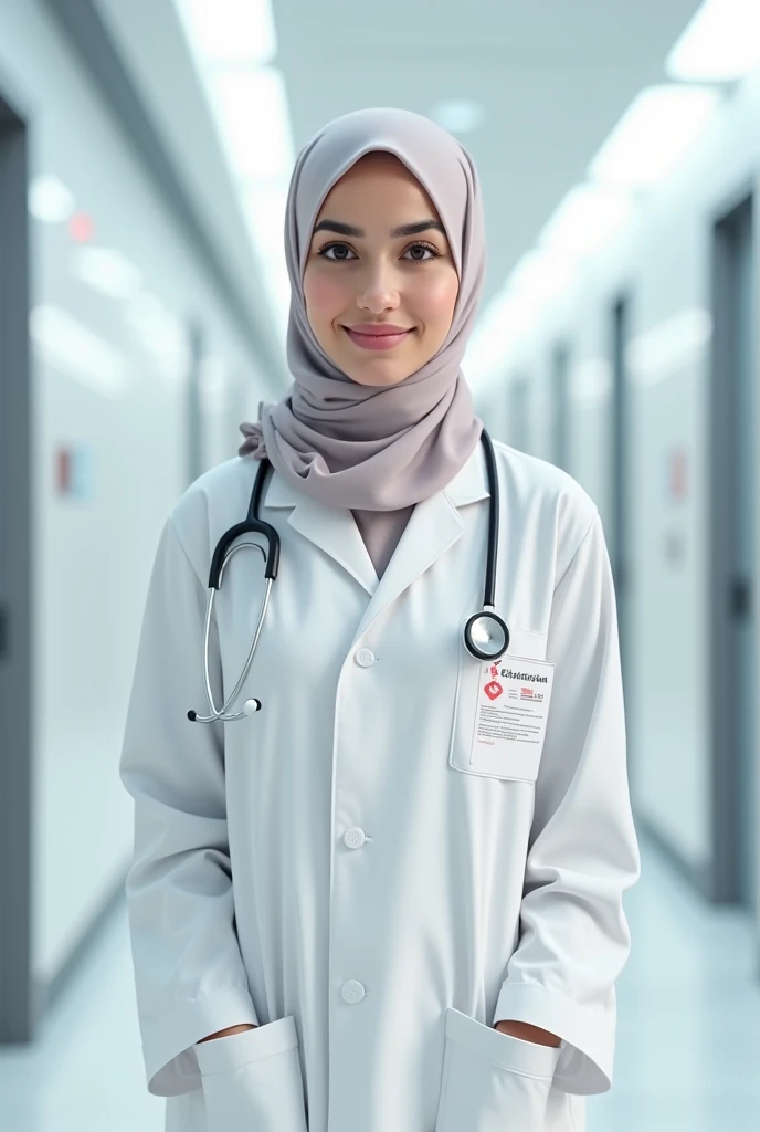 Pale skin Kurdish woman in straight tight hijab as doctor standing in hospital consistent fixed stethoscope