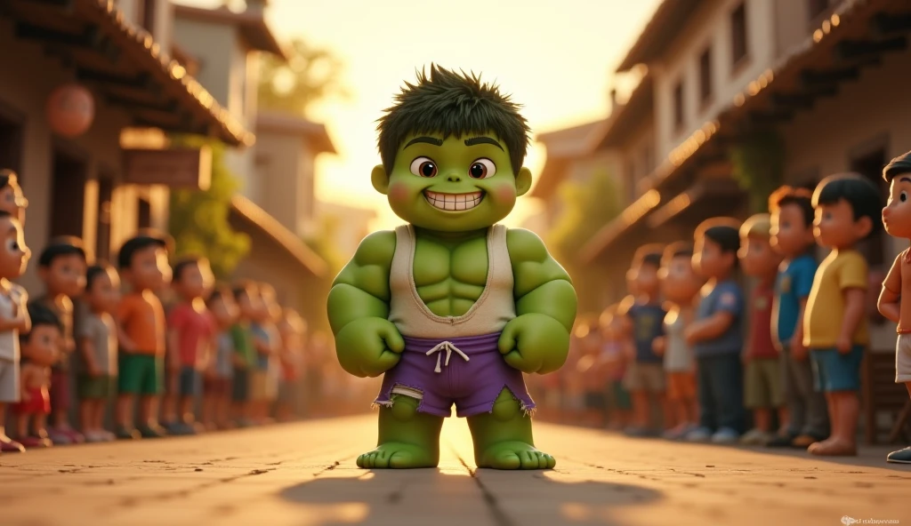 hulk baby in diapers walking through a park pixar style 3d, with very saturated and colorful colors, 8K ultra-detailed