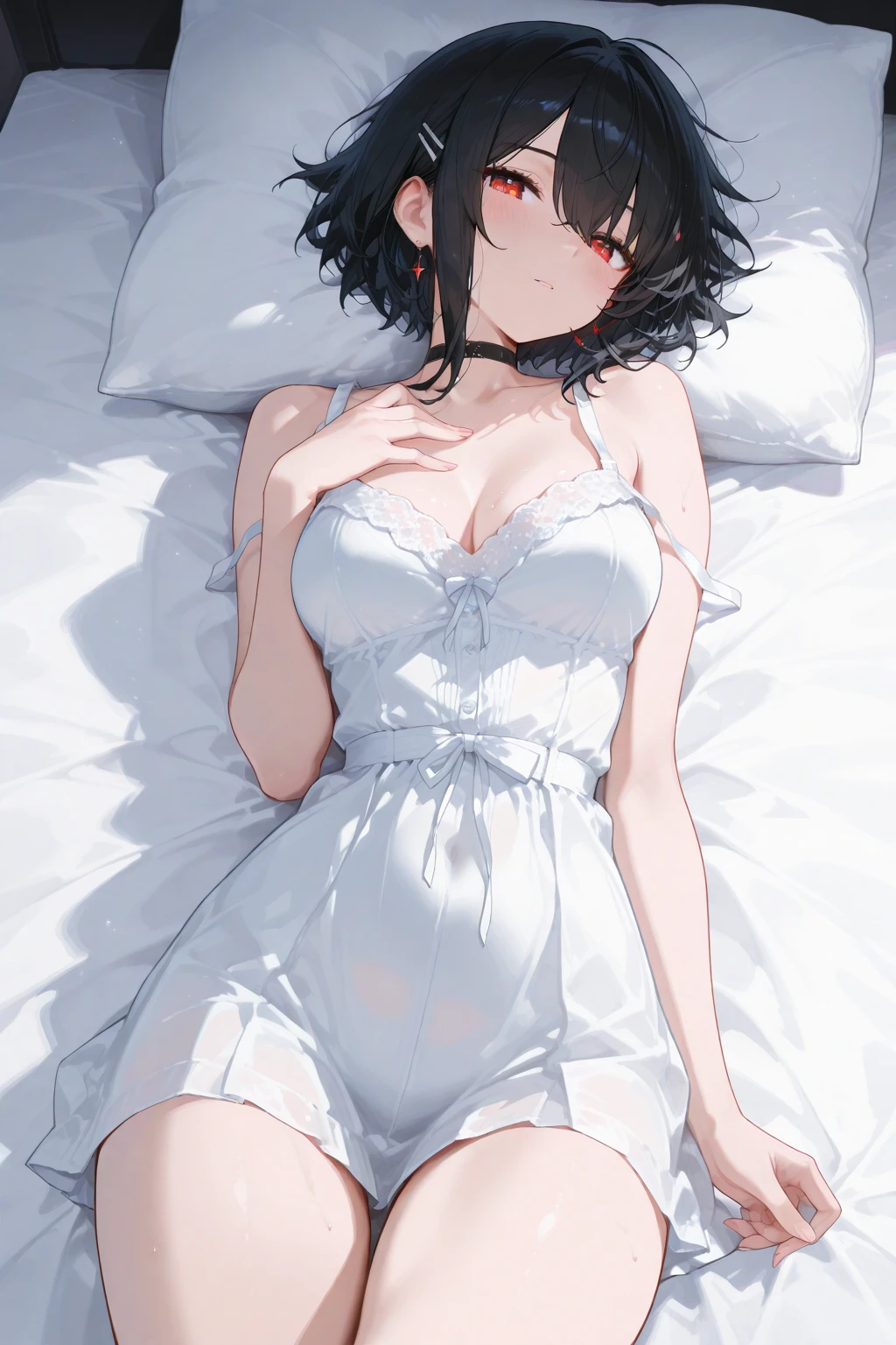 (masterpiece: 1.4), (Highest quality: 1.4), 8K, High resolution, Ultra Clear,One girl,(Big Breasts:1.4),Medium Hair, Black Hair,(Heart-shaped pupils:1.3),(Tonue out:1.2),Scared:1.3,,Exposing the abdomen,White transparent tulle,Ton,(look up),Spread your legs,Fingers of the lower body,Bedroom at night,necklace,Dirty clothes, Dairy Cow, Kneel, (cry: 0.7), Open your mouth, saliva, throat, Sticking out tongue, Hanging, Blowjob_Invitation to, In the mouth, (Heart-shaped pupils),