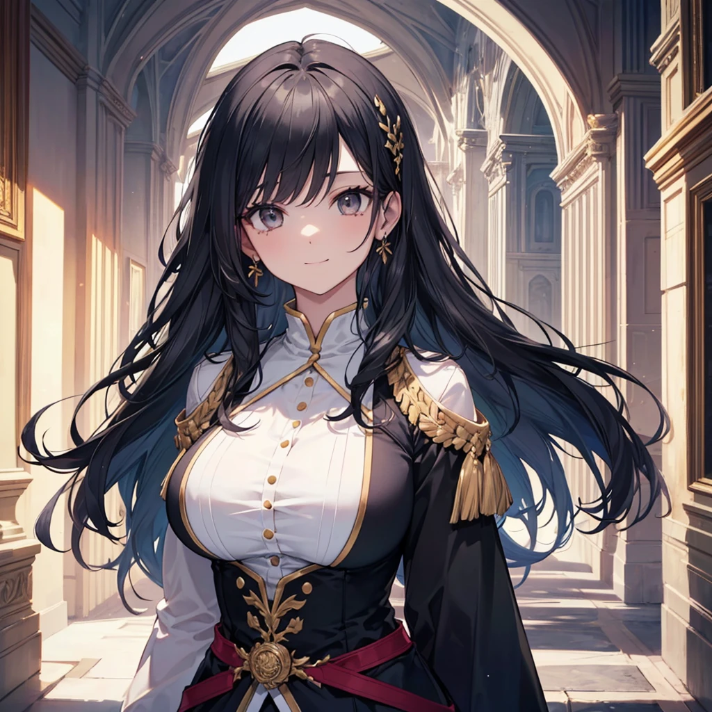 (best quality, masterpiece, ultra-detailed, extremely detailed, highres), (1girl, single, solo), 18 years old Anime girl, long raven hair, slightly wavy hair, parted bangs, cleavage, Magus, green eyes, earring, long black coat, white shirt, black skirt, aristocrat, noble attire, beautiful, ethereal, elegant, prestigious, classic, royal building, royal atmosphere