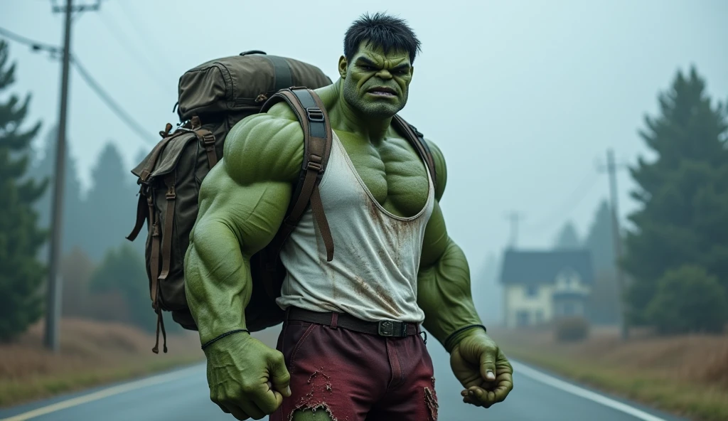 Imagine Hulk standing on a quiet, slightly rundown city street. His usual massive, green physique is present, but he looks unusually sad and dejected. His clothes, usually just a pair of torn shorts, are even dirtier and more tattered than usual, covered in mud and grime.In his large, rough hand, he holds a small, dented metal bowl (katori), which looks almost comically tiny compared to his enormous size. Despite his immense power, he seems vulnerable and defeated, holding the bowl out as if asking for help or money.The surrounding environment is a mix of empty streets, worn-out buildings, and a few scattered people who are either shocked or too scared to approach. The scene conveys a deep sense of sadness and irony, showing the mighty Hulk in a moment of weakness and dispair