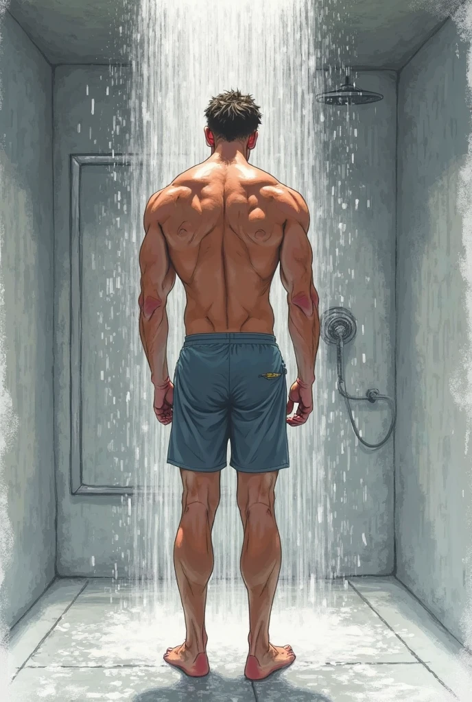sketch, 20 yo male figure study, young muscle-bound jock, standing, full stocky body, completely naked, totally , no clothes, sans clothing, au natural, covering crotch with a white towel, bare butt, crowded gym shower with spraying showers and showering men in background, pastels, by harry bush, James Montgomery Flagg and Lois van Baarle and jim french and rossdraws, detailed realistic eyes, big bare feet, large bulge in crotch, very handsome, beautiful
