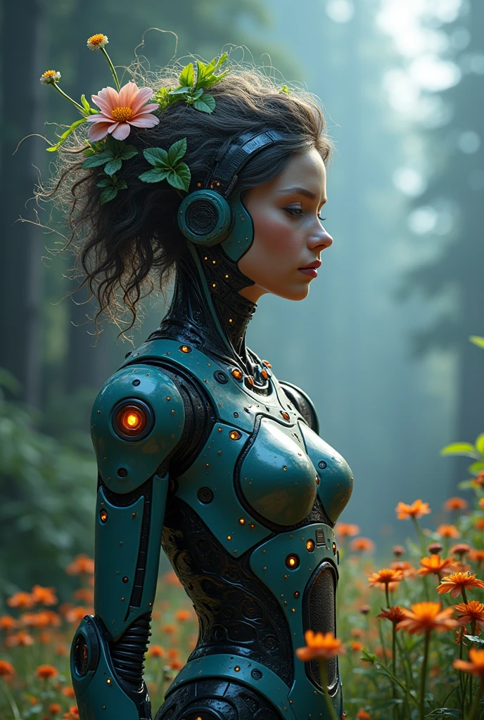 Best quality: 1.0), (Super High Resolution: 1.0),a broken feminine humanoid robot a light shone on her,dented, scratched, flaking peeling paint, in a abandoned temple room, mossy and fungus, once pretty,An artistic photograph,full body,(Remote shooting:1.4),closeup 50mm f/1.3,bailong plant girl, girl made of dead plants,a girl made of blue plants,forest,plant,antlers,
