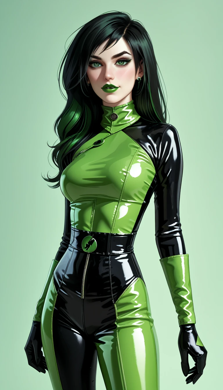 [ Shego], grey skin with green tinge, [,black hair,] sexy, green and black latex, high heel boots, toned, midriff, standing, looking at viewer, [city lught,],4k,sharp image,detailed