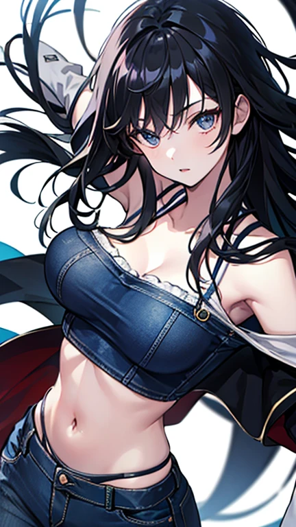 masterpiece, best quality, ultra-detailed, illustration, warm lighting, bright colors, 1girl, (shin_jia), bangs, black_hair, blue_eyes, hair_between_eyes, long_hair, solo, ahoge,white taut shirt, arms up, on bed, (on back), lace panties, skindentation, narrow waist, sweat, steam, heavy breathing, anime screencap,