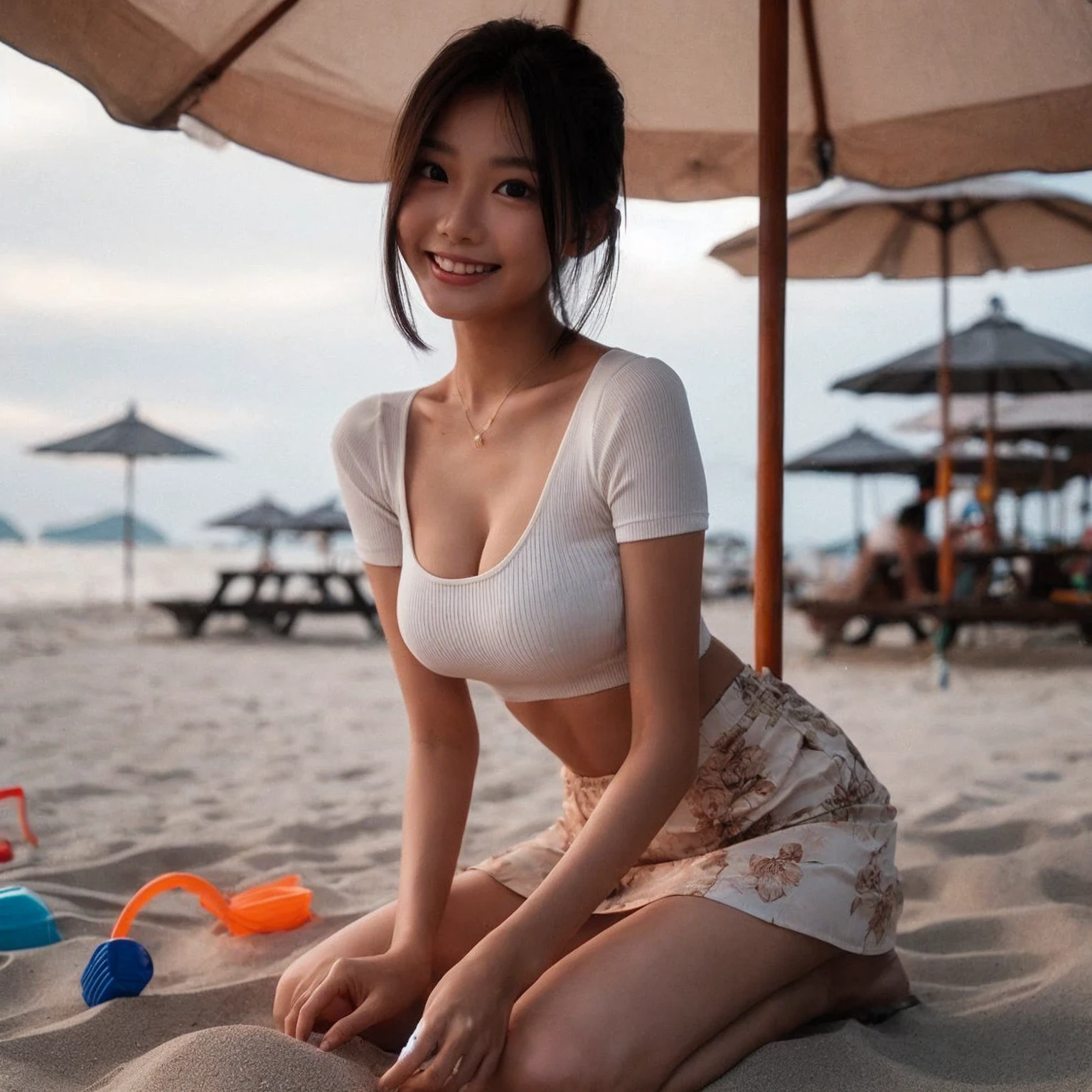 Hyper realistic and detailed full body photo of one smiling young beautiful asian woman walking on a beach wearing a cute summer dress. perfect eyes, (Eye makeup:1.1), (highly detailed skin:1.1), (perfect big boobs), RAW, analog style, sharp focus, 8k UHD, DSLR, high quality, Fujifilm XT3, grain, award winning, masterpiece.