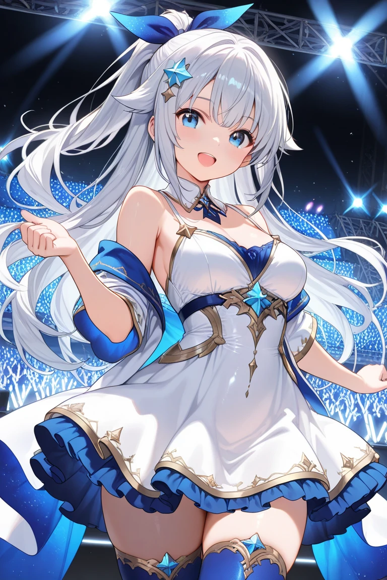 a woman wearing a white dress with blue details, Japanese idol dress, short skirt, gold details on the dress, long white hair, golden rose in her hair, on an idol music stage, blue and white lights, lighting, faint blue eyes,HDR, ultra resolution, well defined, masterpiece, 8K HD (woman solo )
