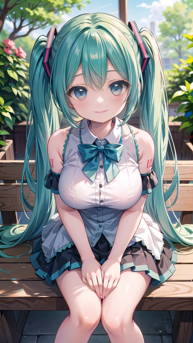 Young Hatsune Miku、girl、独奏、blush、(Huge breasts:1.4)、girl、Kindergarteners、、6 years old、、、smile、Striped panties、Long skirt、Long sleeve、colorful、Idol Costumes、Frills、Puffy short sleeves、Clothes are see-through、From below、Wet clothes、Transparent nipples、Sit with your legs apart
