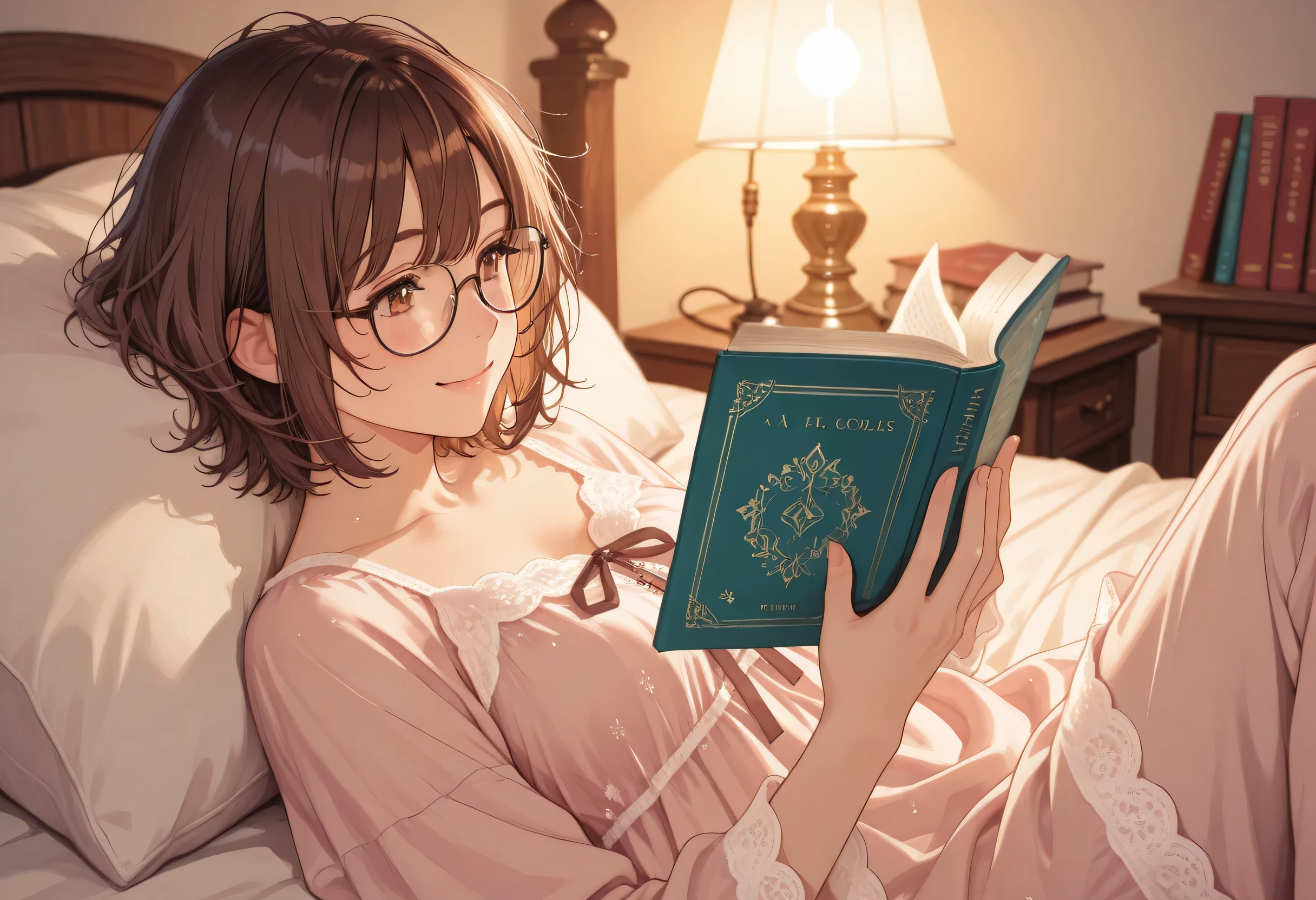A cute nerdy girl, wearing a thick wool comfortable nightgown, thick-rimmed glasses, messy brown short hair, highly detailed, masterpiece, vibrant colors, warm lighting, nightgown with delicate stitching, natural hair strands, relaxing, in a messy bed, in a comfortable messy bedroom, dim lighting, reading a book, happy, a lamp shining light on the book she's reading, surrounded by books, a gray cat curled up next to her