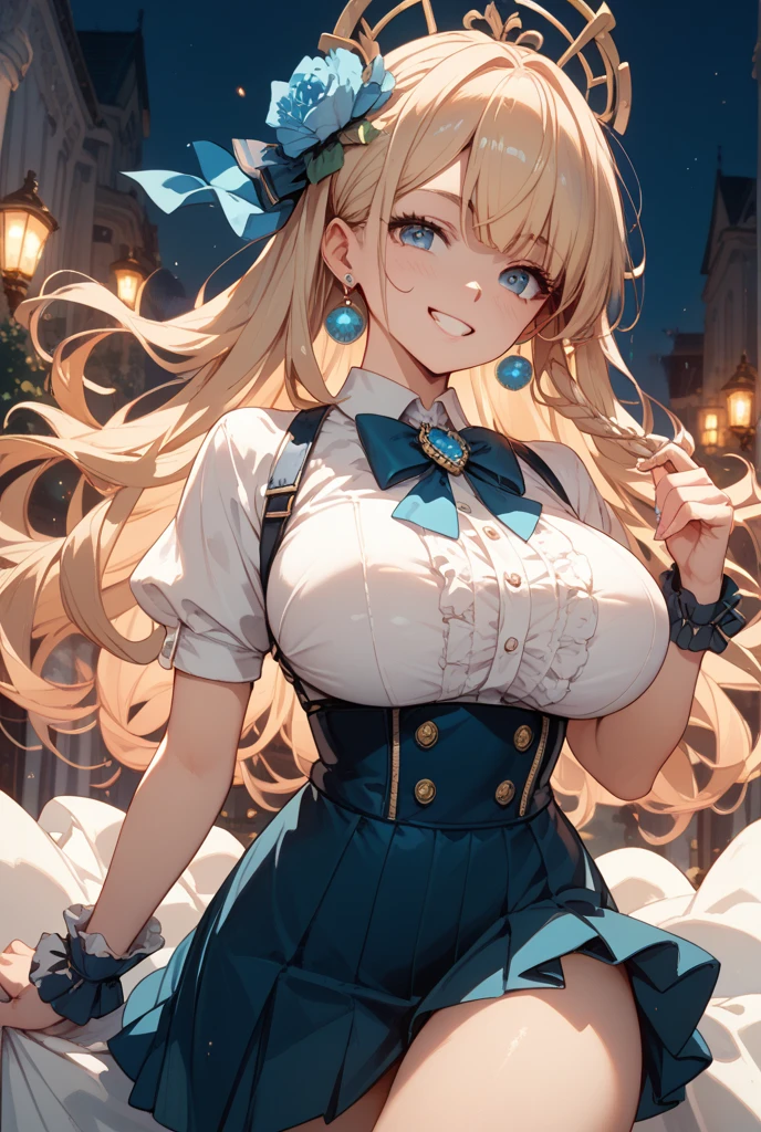 ((highest quality、High resolution、8K、masterpiece:1.3))、dynamic angle、I can see the whole body、wallpaper、1 girl、unparalleled beauty、ultimate beauty、super detailed face、delicate eyes、smile shyly、sexy look、looking at the camera、Depth of bounds written、light particles、side light、long hair、blonde、maid、宝石で装飾されたmaid服、(Holding down the skirt with both hands)、(The wind flips up the skirt and reveals the panties.)、Open chest、big breasts、cleavage、Thighhighs、thighs、slim、slender、Old castle at night