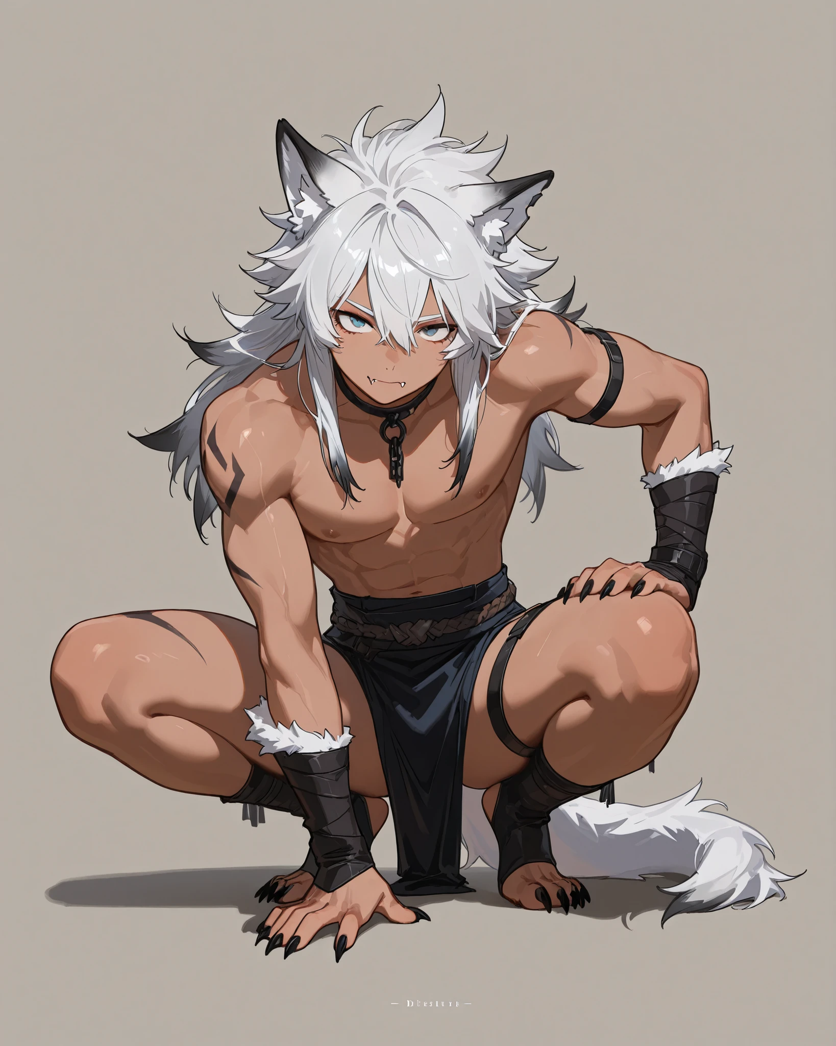 score_9, score_8_up, score_7_up, 1girl, solo, flat chest, ghislainedef, dark skin, scar, abs, white eyepatch, long hair, gray hair, white tail, red bandeau, green pants, open pants, red choker, belt, standing, shocked face, stiff hands aura, looking down, forest,