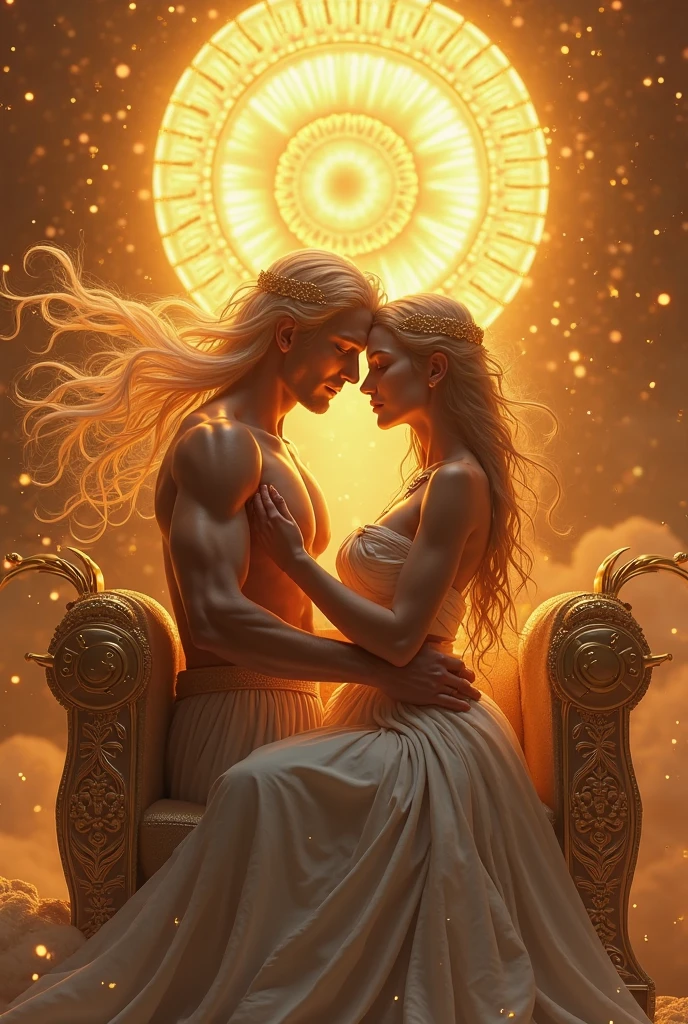 A statue of a man and a woman embracing in a golden light, golden goddess athena, 8K high quality detailed art, angelic golden armor, venus godness athena, greek myth digital painting, eros and thanatos, 4 K detail fantasy, aphrodite goddess of love, greek mythology characters, 4k highly detailed digital art, The goddess of gold, Greek goddess Athena
