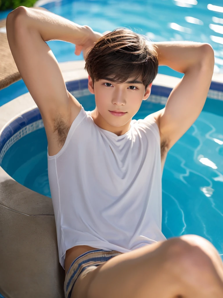 Shirtless muscular man with white hair and water-colored eyes, lifted arms, wearing thong, sitting, spread legs, hairless underarms