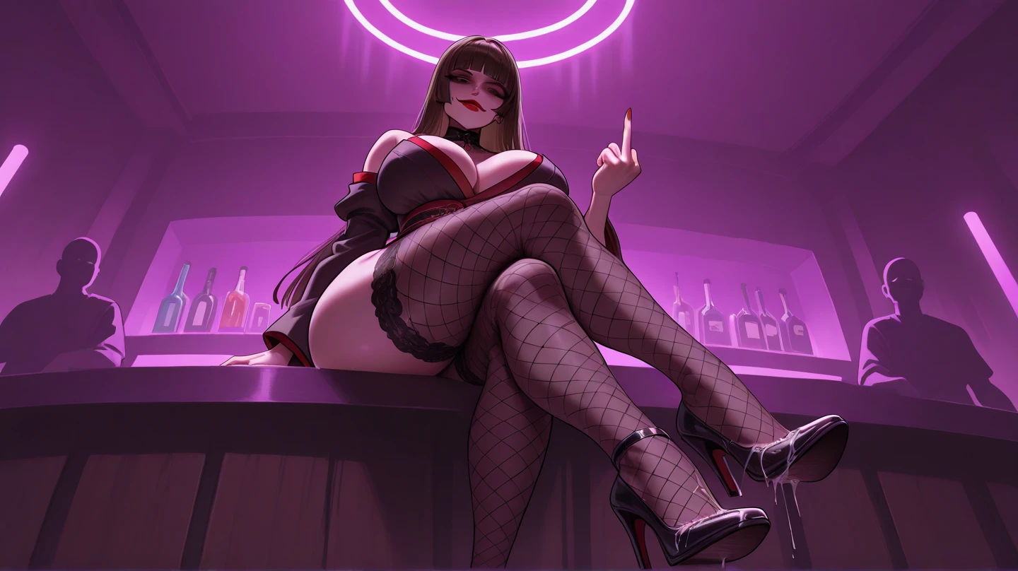 Young  girl,with a very beautiful appearance,Medium breasts,beautiful physique,black hair tied into a high ponytail with a black elastic band,white eyes,With a rude look,dressed in a sexy black tight dress,erect nipples,sexy fishnet stockings and thigh straps, High Black Shoes,black choker on the neck, lifting up her skirt and standing doggy style excitedly,Makes Achegao, is in a strip club