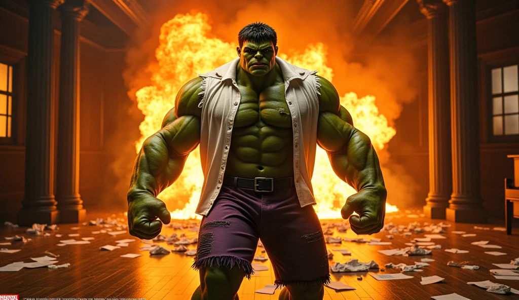 hulk, superhero, upper body shot, muscles bulging, streets, day, debris flying in the background, dramatic lighting, intricate details, masterpiece, absurdres, best quality, realistic, Highest Quality, (diffused soft light), dramatic lighting, highly detailed photo