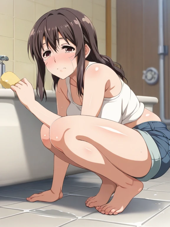 nsfw, (masterpiece, top quality, best quality, highly detailed:1.6), extremely detailed CG unity 8k wallpaper, (full body), wide shot, long shot, (pubic hair, dark brown pubic hair:2.5), (crotch, pussy, urethra:3), ((standing pose, open knees:2.5)), (naked, nude body:2), (Pee spurting out of the urethra:3), (pee running down legs), ((standing)), (Standing with knees slightly apart to expose the urethra:2), strong facial expression, (ecstasy:1.5), (slut:1.2), (vulgarity:1.3), (fucked silly:1.1), wince, (orgasm:2), (sharp eye:1.2), (scowl:1.1), (embarrassed, blush:1.3), (steam:1.9), (Wet:1.2), (sweat:1.1), (trembling:1.3), (open mouth, wavy mouth:1.4), (harf open eyes:1.5), (feeling weak:1.5), (one eye closed, Wink:2), (shoot from front, looking at viewer:1.2), ((Bathroom, shower room)), woman, indoor, (long hair, dark brown hair, ponytail:1.4), (woman trembling with sexual climax:1.5), (at midnight), night, at dawn, colorful, perfect composition, urination, incontinence, piss, peeing self, A lot of pee, pee running down legs, (((pee stream))), (pee puddle), Wetting herself, pee stain, peeing, blush, trembling, embarrassed, medium breasts, Yellow pee, ((leaking pee)), Shaking one's shoulders, Breaking a sweat on forehead, puddle of pee, Pee at your feet, Pee spread on the floor, Pee stains, Dripping pee between my legs, Feet Wet from pee, Pee-covered feet, Pee at your feet, want to pee, about to pee, Full bladder, Pee-soaked legs, natural makeup, barefoot, Put your hands on your stomach , ((clutching crotch)),