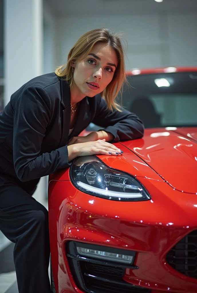 naked blonde woman with perfect features in tesla model Y red color