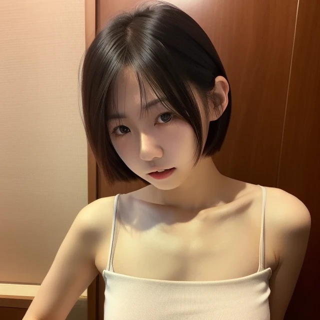 (plain bra, plain white panties:1.5), one girl, 14 years old, 8k, RAW photo, best quality, masterpiece, realistic, photo-realistic, clear, professional lighting, BREAK, no makeup, smile, (looking back:1.2), black eyes, black hair, short cut hair, full body, BREAK, (small breasts:0.5), standing
