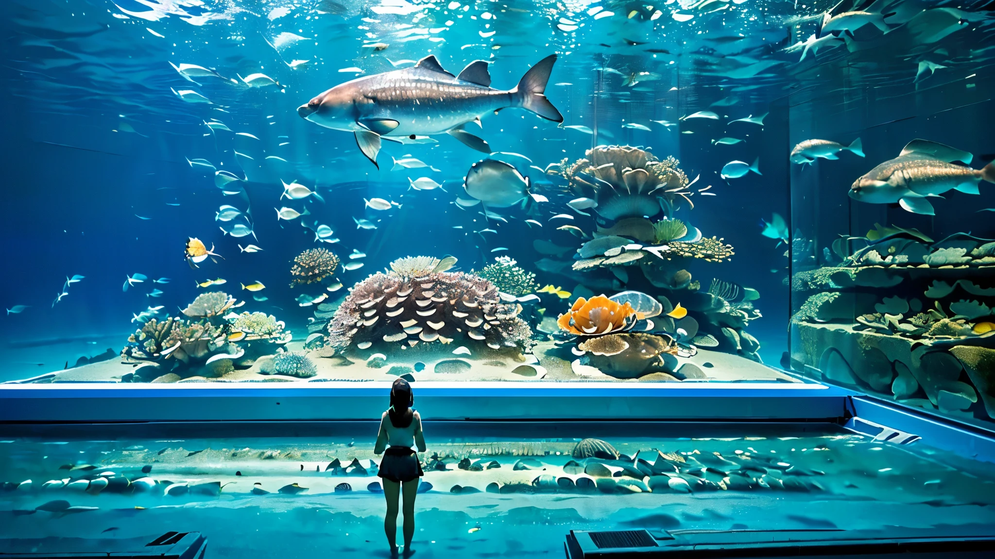 Large, dimly illuminated aquarium, while light dances through the water , (I'm watching many fascinating schools of fish swimming in a super huge tank:1.5) . soft blue surface , (Majestic rays, giant sunfish, and large colorful tropical fish are swimming in the tank:1.5),(There are shrimp, crabs, starfish, sea anemones, and sea urchins crawling at the bottom of the tank:1.5), (A large number of tropical fish are swimming tightly in a huge multi-tiered tank:1.5),while admiring the serene beauty of the water、creates a calm atmosphere , world . in the background 、has a towering fish tank full of coral reefs and seaweed, a group of vibrant tropical fish.The supergiant aquarium of the future,(is full of colorful creatures I've never seen before swimming:1.5),Super giant aquarium,(A 100m water tank that is enough to look up:1.5),(Back view of a girl looking up at an aquarium:1.5),(colorful fish and creatures:1.5),