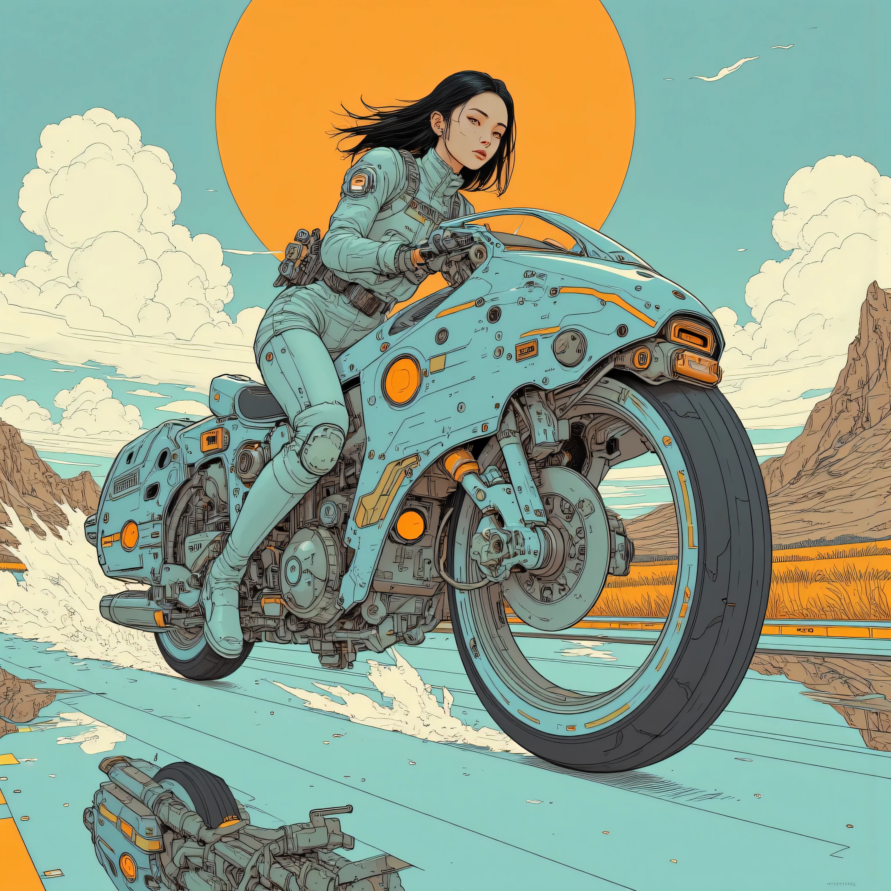 Kay Nielsen, Monika Beisner, Surreal, mysterious, strange, fantastical, fantasy, Sci-fi, Japanese anime, soft moon, metafiction, bicycle and motorcycle, miniskirt beautiful girl, perfect voluminous body, detailed masterpiece Hyper realistic sharp focus sexy dynamic action provocative poses