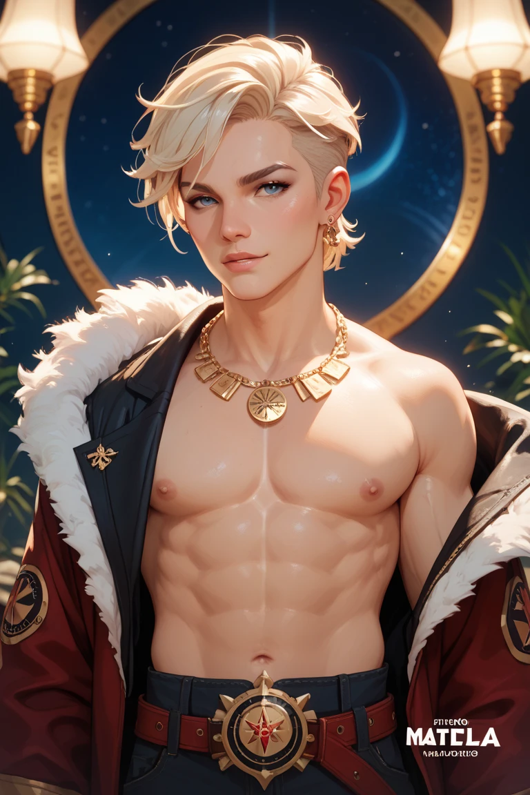 a godly being, male, golden tattoos, gold eyes, white hair , abs, white speedo, cosmic background, best quality, 4k, 8k, highres, masterpiece:1.2, ultra-detailed, realistic, photorealistic, photo-realistic:1.37, HDR, UHD, studio lighting, ultra-fine painting, sharp focus, physically-based rendering, extreme detail description, professional, vivid colors, bokeh, sci-fi, fantasy, digital art