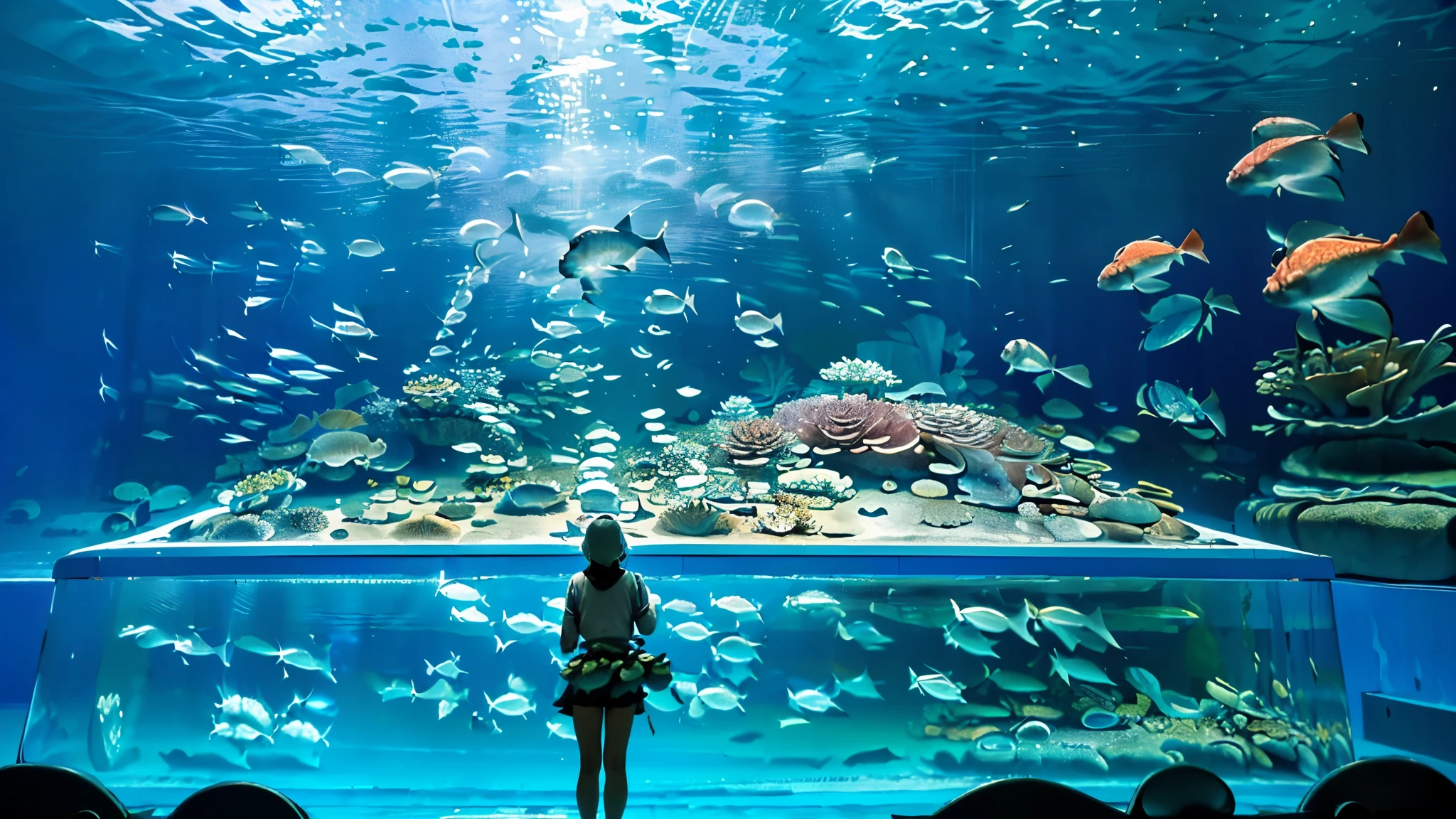 Large, dimly illuminated aquarium, while light dances through the water , (I'm watching many fascinating schools of fish swimming in a super huge tank:1.5) . soft blue surface , (Majestic rays, giant sunfish, and large colorful tropical fish are swimming in the tank:1.5),(There are shrimp, crabs, starfish, sea anemones, and sea urchins crawling at the bottom of the tank:1.5), (A large number of tropical fish are swimming tightly in a huge multi-tiered tank:1.5),while admiring the serene beauty of the water、creates a calm atmosphere , world . in the background 、has a towering fish tank full of coral reefs and seaweed, a group of vibrant tropical fish.The supergiant aquarium of the future,(is full of colorful creatures I've never seen before swimming:1.5),Super giant aquarium,(A 100m water tank that is enough to look up:1.5),(Back view of a girl looking up at an aquarium:1.5),(colorful fish and creatures:1.5),
