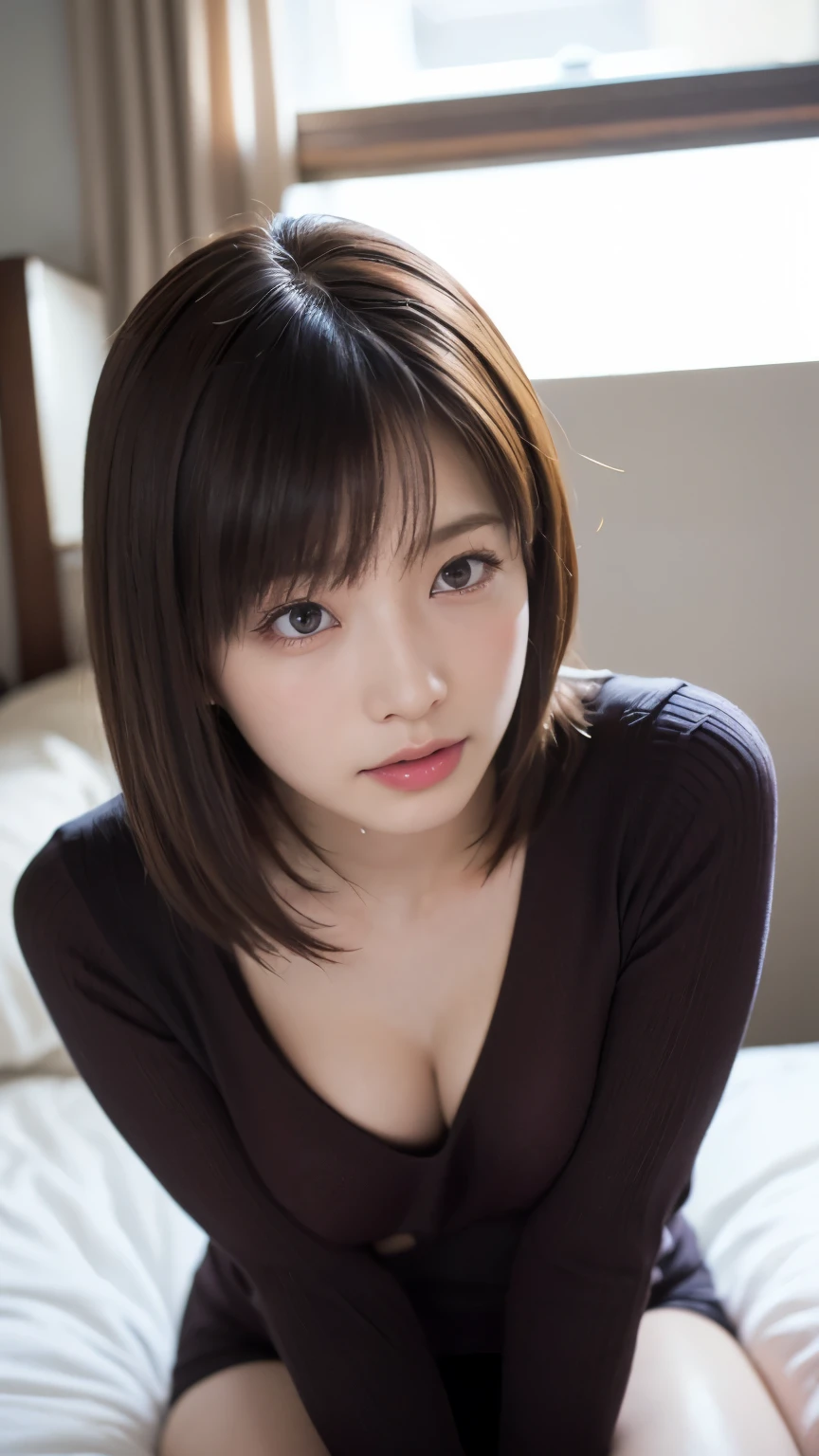 cute 21 year old japanese、night、on the bed、sweat pajamas、Cute colorful pajamas、super detailed face、eye for details、double eyelid、beautiful thin nose、sharp focus:1.2、beauty:1.4、(light brown hair、short cut hair、white skin、highest quality、masterpiece、ultra high resolution、(Photoreal:1.4)、B cup breasts