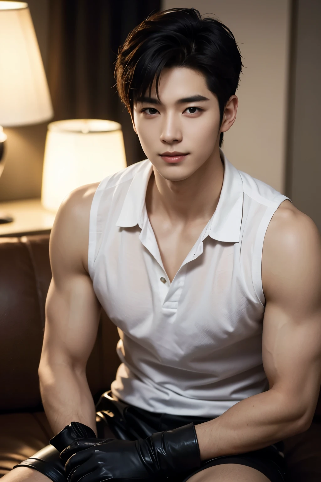 1man, a 25-year-old muscular man,Gucci brand black t-shirts , bodice, soft lighting, masterpiece, best quality, 8k ultra high definition, DSLR camera, film grain, Midjourney and greg rutkowski's Fujifilm XT3 realistic drawing art