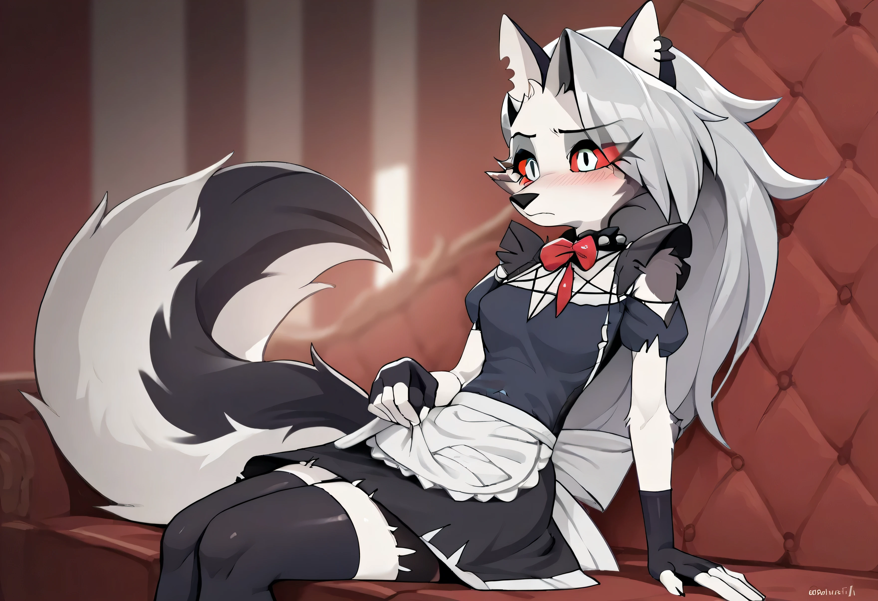 score_9, score_8_up, BREAK, source_anime, (1girl, solo), uncensored, {anthro wolf; , (white body fur), (cute red eyes), perfect body, slim, angri, thigh highs, fingerless gloves, anthro, furry, (Maid Outfit, sitting:1.2), Loona \(Helluva Boss\),