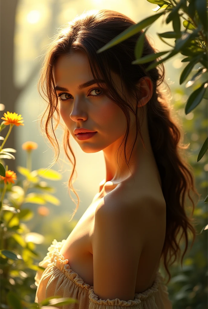 A young and elegant european cute girl is posing naked in the forest. The sunlight filtering through the trees illuminates her body, making her look like a goddess. (The lush flowers between her and the viewer block the viewer's view and completely hide her nipples and pussy. :1,5) The scene is surrounded by gentle light, creating a calm and peaceful atmosphere. Ultra realistic, detailed skin texture, detailed beautiful face