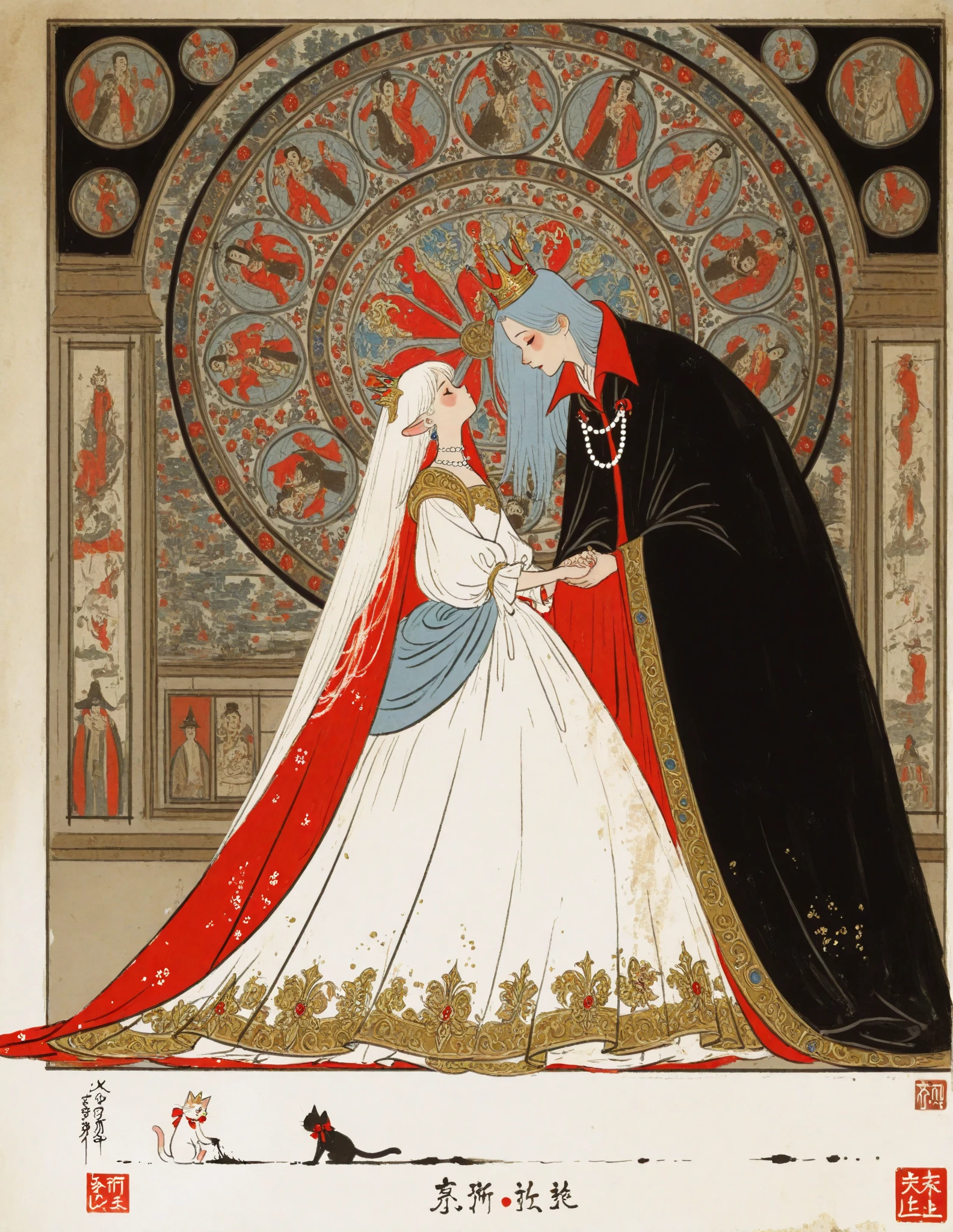 at a medieval European style ball、The prince and princess hold hands and dance,The prince has a smaller crown、cloak、tuxedo-style collars and ribbons, Prince is a blue-gray long-haired breed,The princess is a white short-haired breed,create a sense of glamor、with lace and jewels、Pearl necklace,Handmaids and attendants are arranged around it to create a sense of glamor,The background,stained glass,by arranging palace-like details, Fairy tale and fantastic,Renaissance style,Prince cat and princess cat dancing hand in hand {x} It's an ultra-detailed painting inspired by Lotte Ringer,Ukiyo-e, delicate ink painting details , extra fine ink details ,occult art , graphic details , Ink drawing , Detail shot, Amazing Details , Ukiyo-e style with black and white airbrush painting ,