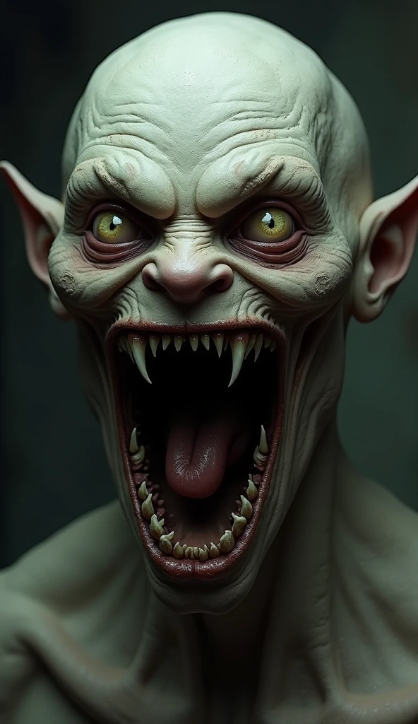 A demon with a huge smile, with pointed teeth between black and yellow with large, dark eyes and an elongated white face