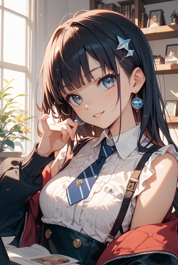 -(8K, Raw, Highest Quality, Real 1.2), Ultra High Quality, High Resolution, Highest Quality, Perfect Face, Perfect Limbs, Perfect Fingers, High Resolution, (Beautiful Anime Face, Cute Face, Detailed Face),

Anna Yanami, medium long hair, ahoge, medium bust, blue hair, blue eyes,
white shirt, four yellow ribbons on chest, blue-gray pleated skirt, uniform,

(confused: 1.3), (embarrassed: 1.3), (slightly surprised expression: 1.3), miniature human hand, (((medium bust 1.3))), (((thin thighs 1.3))), Japanese school, Japanese school classroom, ((sitting at desk in classroom: 1.5)), ((pointing finger towards: 1.4)), (((bright sunlight coming in through window: 1.4))), ((Looking down from below 1.5)), ((Deserted background 1.5)), (( 1.5)), Perfect ???????, perfect proportions, nice lighting, bright colors, clean lines, information, blur, stunning facial expression, restless emotions, gorgeous and pretty, beautiful face and eyes with every detail, (masterpiece) beautiful face, young and handsome girl, really perfect skin, blur, stunning facial expression, restless emotions, gorgeous and pretty, beautiful face and eyes with every detail, (Audrey Hepburn), (cute), (J-POP idol), (thighs, (depth of field), (depth of field), soft light, sparkling lens gaze, (droopy eyes), straight teeth, shy smile, flowing hair, a scene from Blake's movie,
