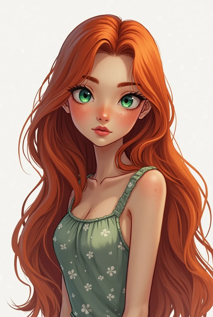 A red-haired girl with green eyes and freckles on her cheeks and nose with a pear body, large breasts and a dress that show her waist