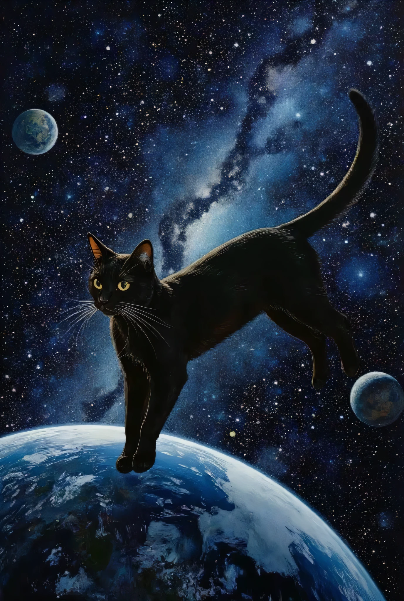 (Sailing between planets in space、Dark universe 、on the picture of a black cat swimming in space, Beautiful black cat ), outer space where stellar light shines brightly、shadow、陰shadowが濃い、Earth and space background、Digital Paintings, elegant , Oil Enamel, On the picture with golden eyes , high quality Digital Paintings, elegant Digital Paintings, Cute portrait, beautiful painting with fox ears ,digital art oil painting、