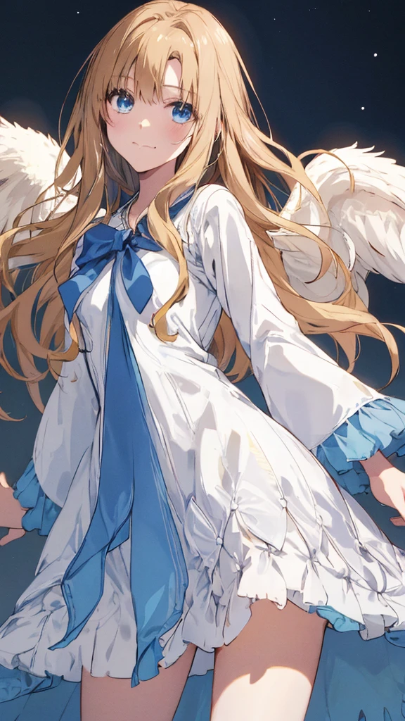 A woman wearing a white and blue dress with wings, with brown discoloration due to the wind and a skirt that is billowing.,Under the skirt,Realistic white lace panties , Belldandy, Long Hair, blue eyes, Brown Hair, Facial Imprints, Forehead mark, gloves, wing, choker, bracelet, ring, feather, angel wing, (For rest:1.1), Fry , 20-year-old,, ,masterpiece ,8k unity wallpaper,Detailed eyes,Detailed face,Detailed skin,Anime key visual, ,Highest quality, High resolution, unity 8k wallpaper, (shape:0.8), (Fine and beautiful eyes:1.6), highly Detailed face, Perfect lighting, Extremely detailed CG, (Perfect hands, Perfect Anatomy),masterpiece,High resolution,Perfect Anatomy,Anime key visual,Kyoto Animation,(Fine and beautiful eyes,glowing eyes,Detailed Hair,Detailed skin,Detailed wear ),Highest quality,unity 8k wallpaper,Ultra-dense skin,White skin,Highest quality,Blurred_background