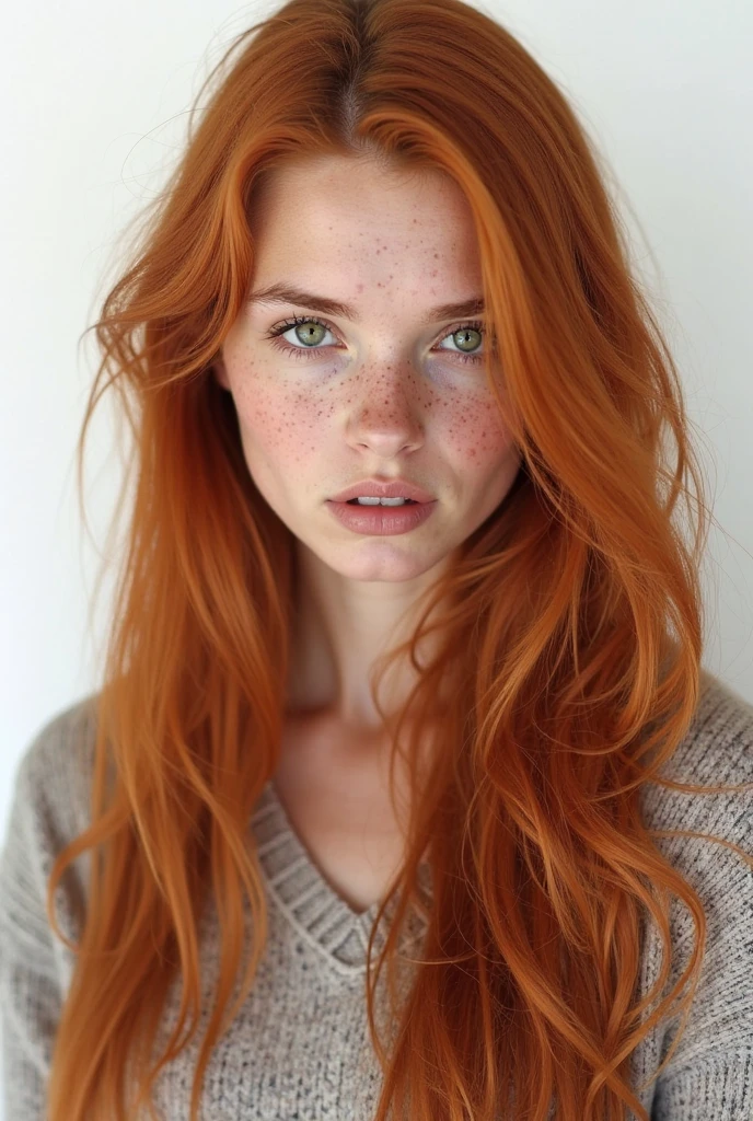 A ginger haired woman with big ginger folded dog ears, and red cherrish eyes, lot of freckles, and a mixed-race skin. She looks sad, and she has large breasts.