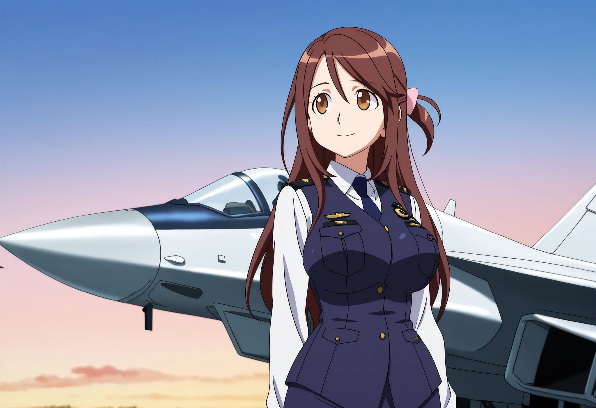 (anime coloring,anime screencap,official style:1.1),solo,1girl,
fighter jet,air force base,outdoor,
iida nana, brown hair, long hair, one side up, hair bow, pink bow, brown eyes, large breasts, wide hips,mature female
police uniform, blue vest, white shirt, collared shirt, long sleeves, blue skirt, pencil skirt, blue necktie