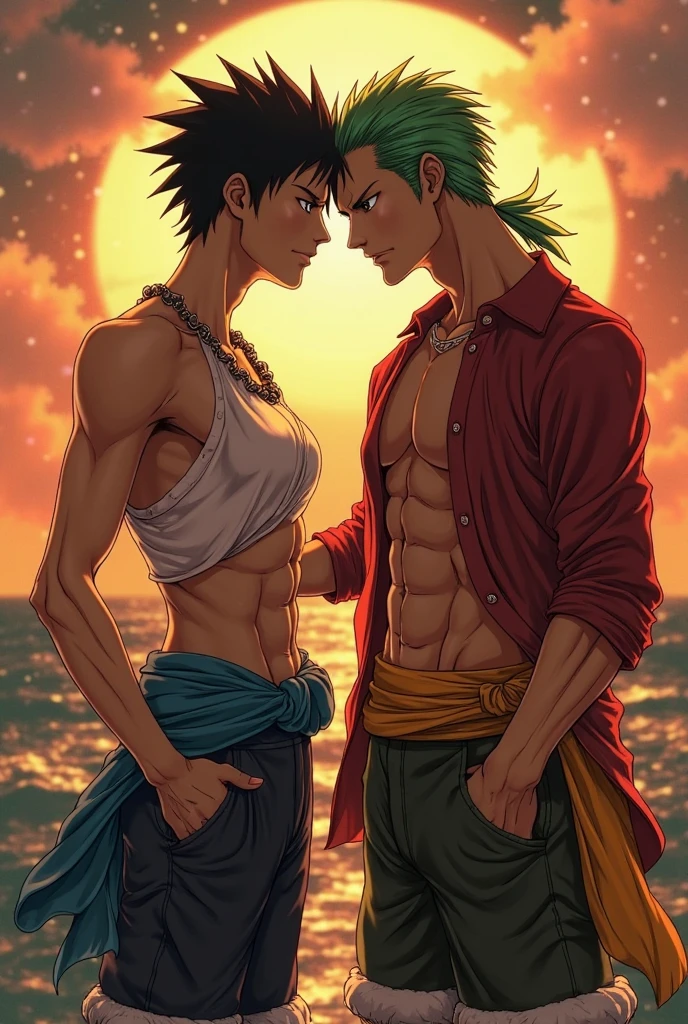 absurdres, highres, ultra detailed, HDR, master piece, best quality, Donquixote Rosinante Corazon, expressive red eyes, blonde hair, One Piece, Trafalgar Law, black hair, expressive red eyes, two sexy men together, gay couple, yaoi, handsome, topless, black shorts, sea, beach 